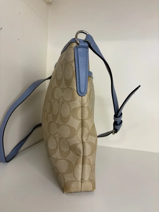 COACH Khaki Signature Crossbody and Wallet with Light Blue Trim - Picture 5 of 15